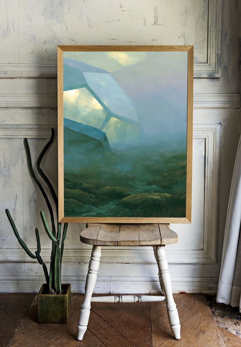 Misty Mountain Lightscape Print. room preview