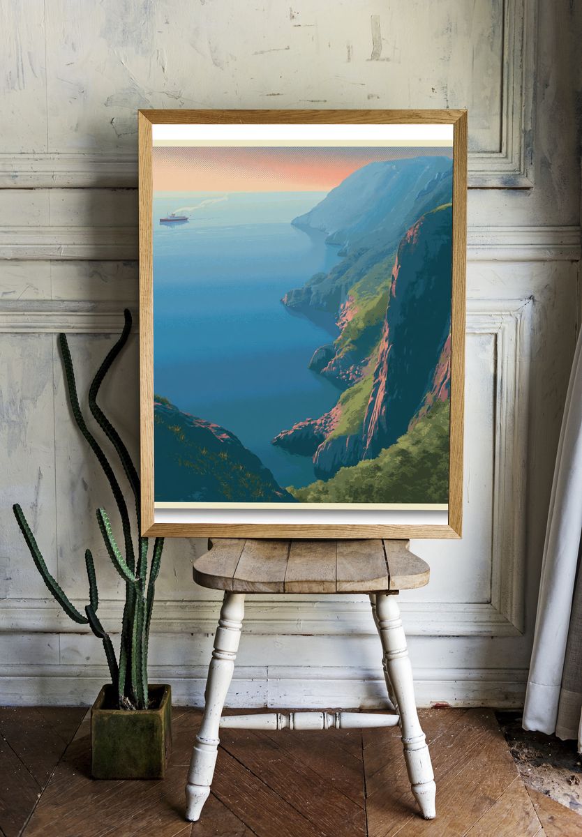 Cliffside Coast Sunset Print. room preview