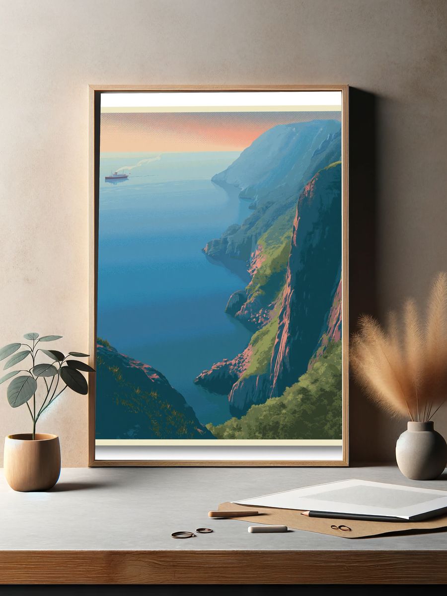 Cliffside Coast Sunset Print. — room view 2