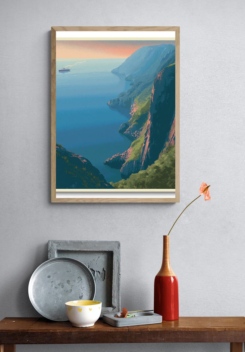 Cliffside Coast Sunset Print. — room view 3