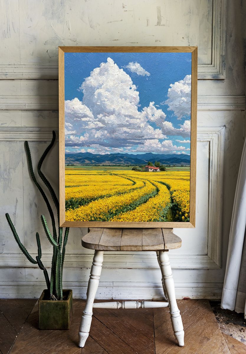 Sunlit Flower Field Landscape Print. — room view 1