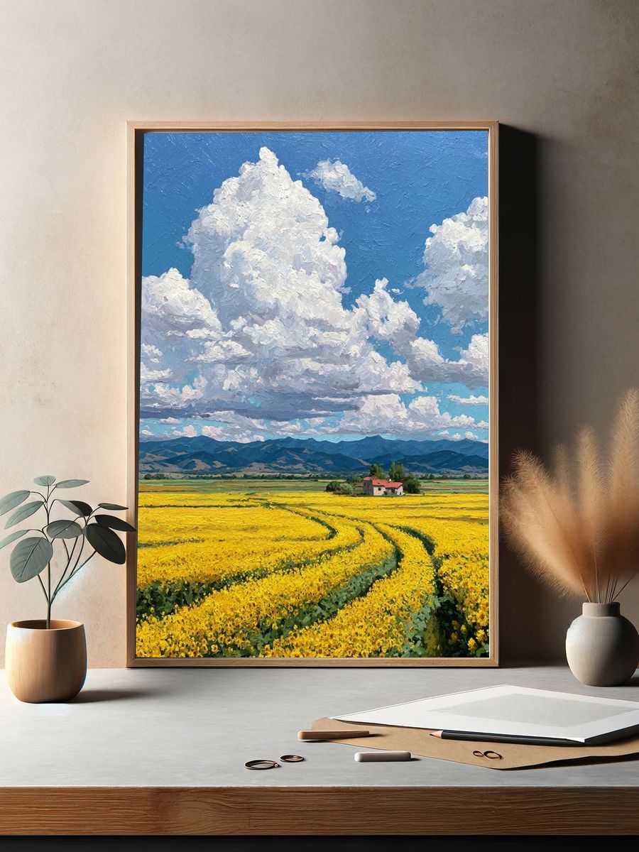 Sunlit Flower Field Landscape Print. — room view 2
