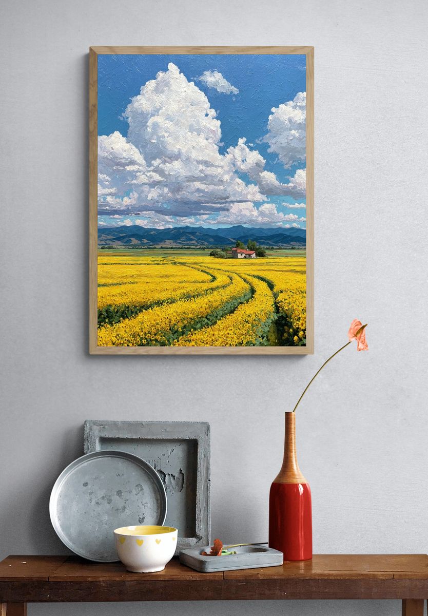 Sunlit Flower Field Landscape Print. — room view 3