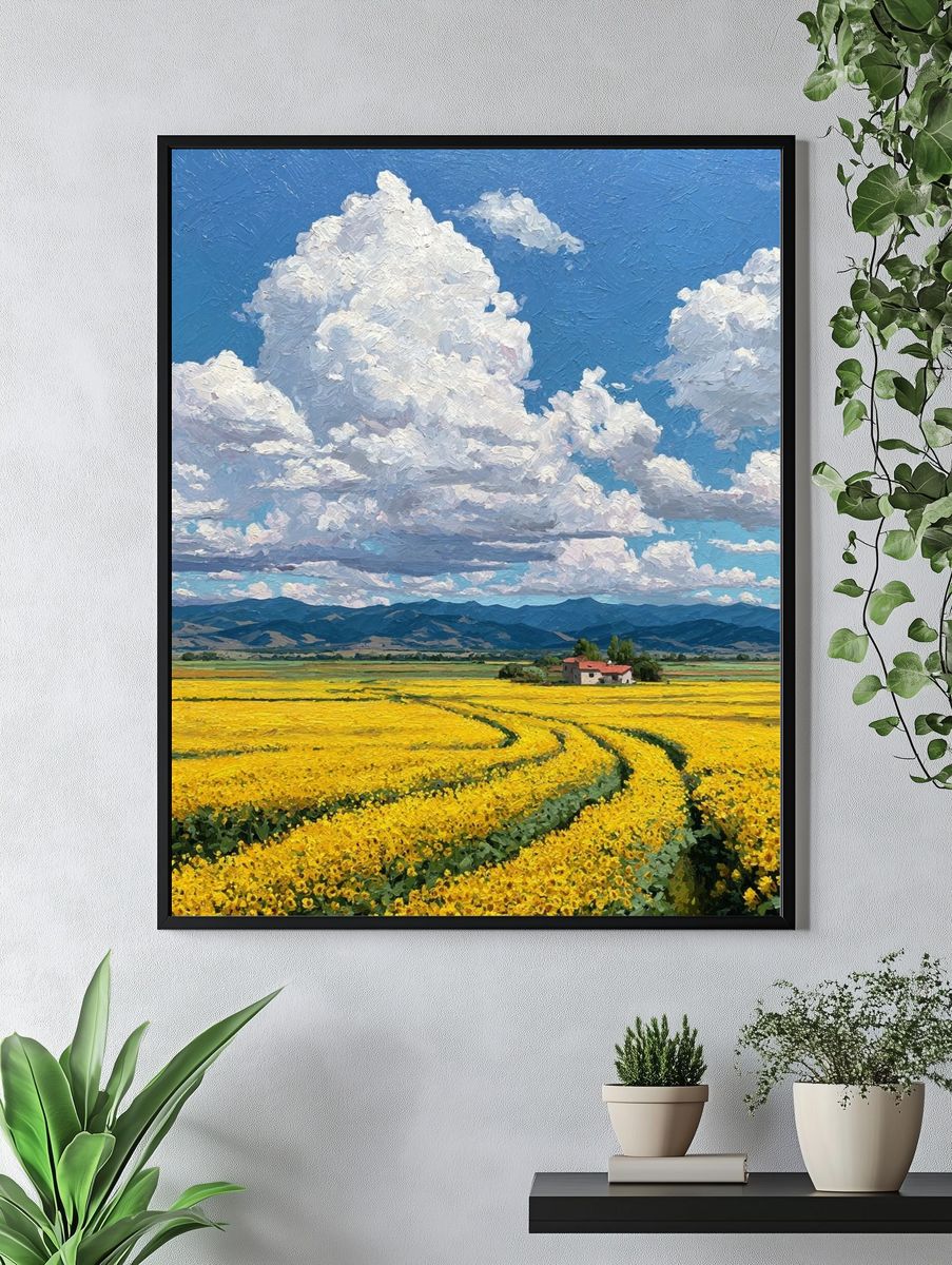 Sunlit Flower Field Landscape Print. — room view 4