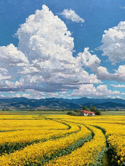 Sunlit Flower Field Landscape Print. poster