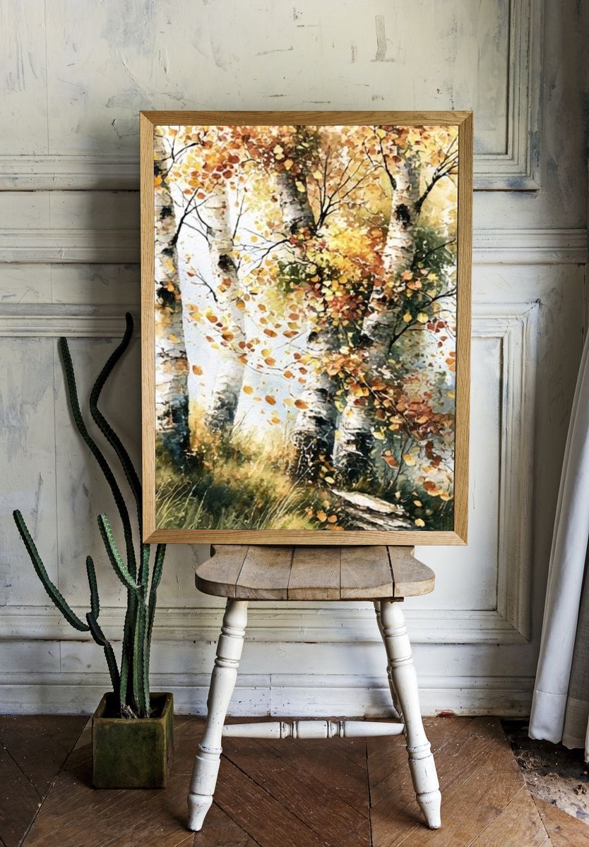Autumn Birch Forest Watercolor Poster. room preview