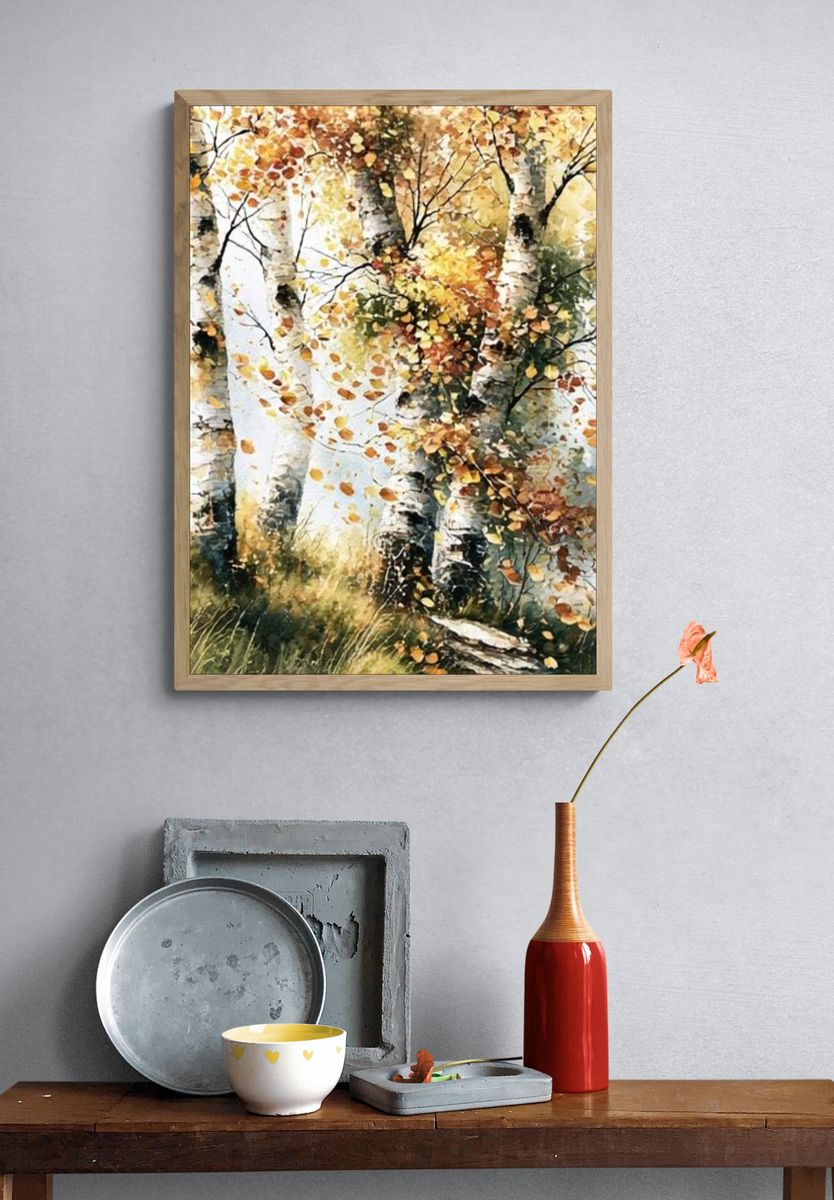 Autumn Birch Forest Watercolor Poster. — room view 3