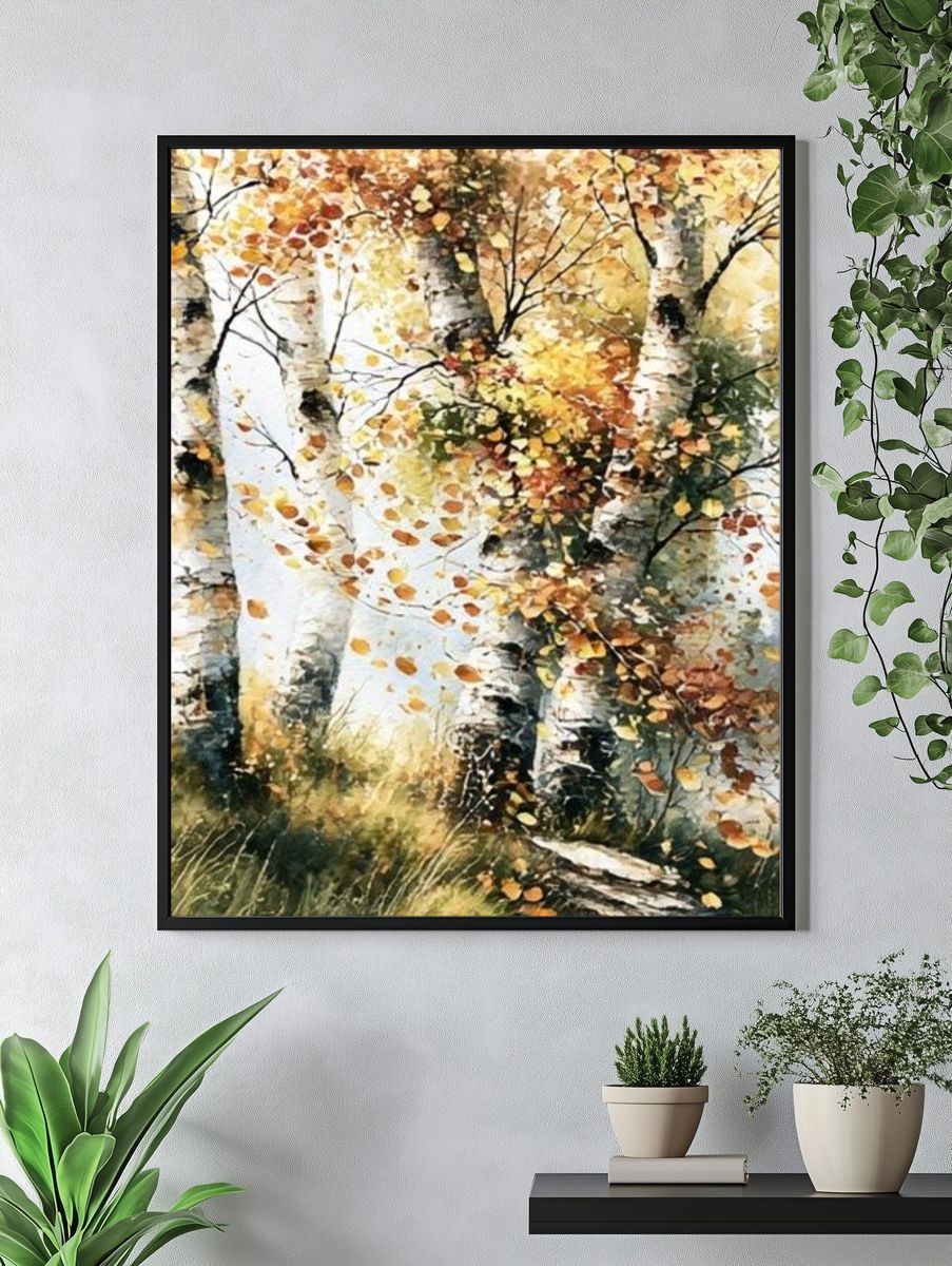 Autumn Birch Forest Watercolor Poster. — room view 4