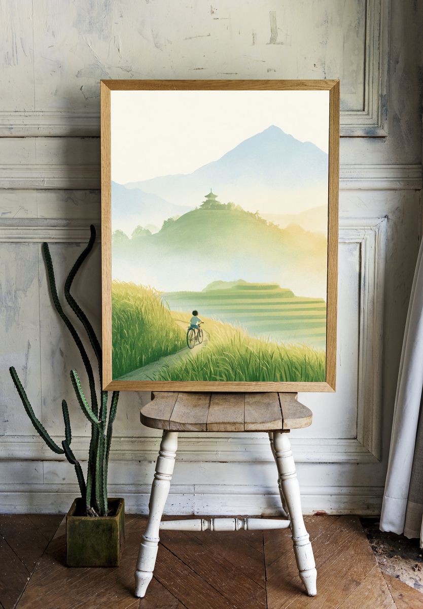 Misty Mountain Bicycle Landscape Poster. — room view 1
