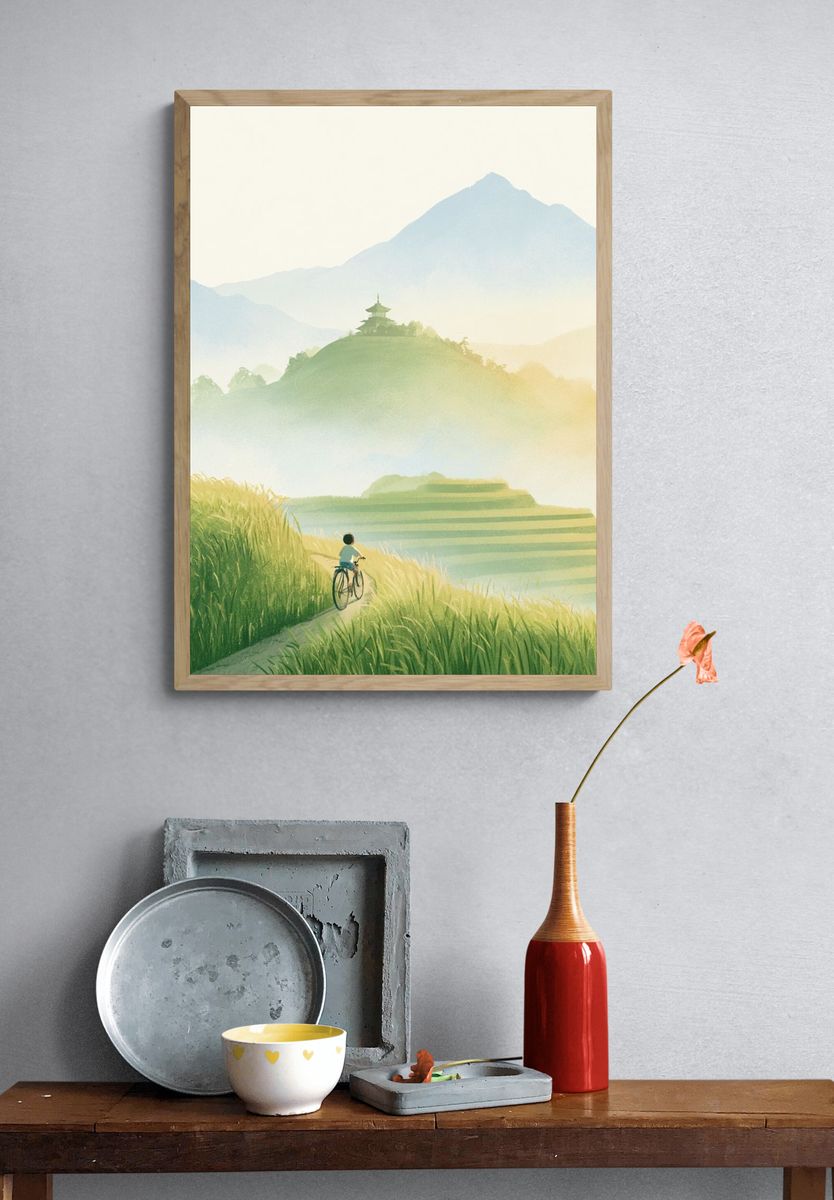 Misty Mountain Bicycle Landscape Poster. — room view 3
