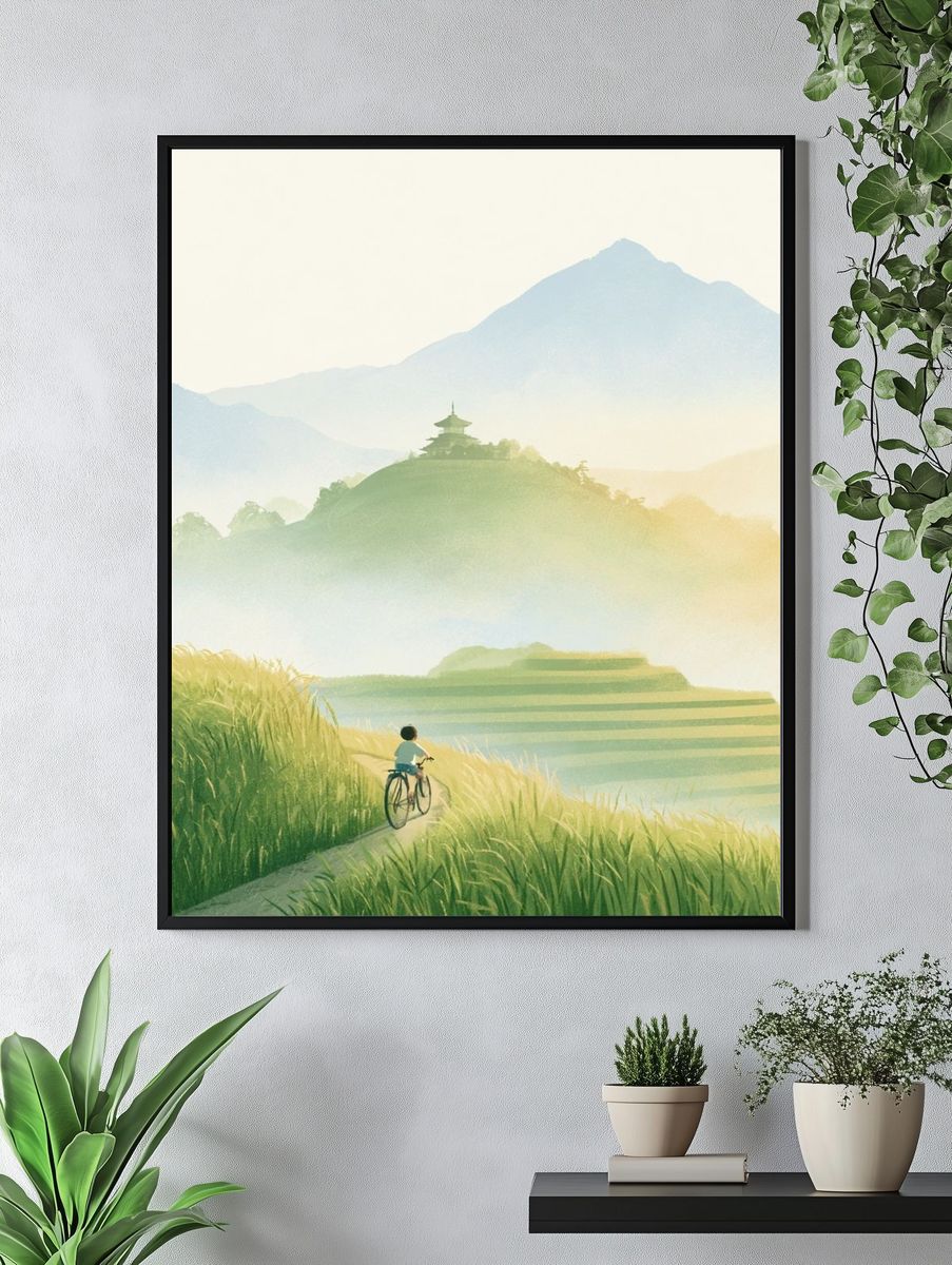 Misty Mountain Bicycle Landscape Poster. — room view 4