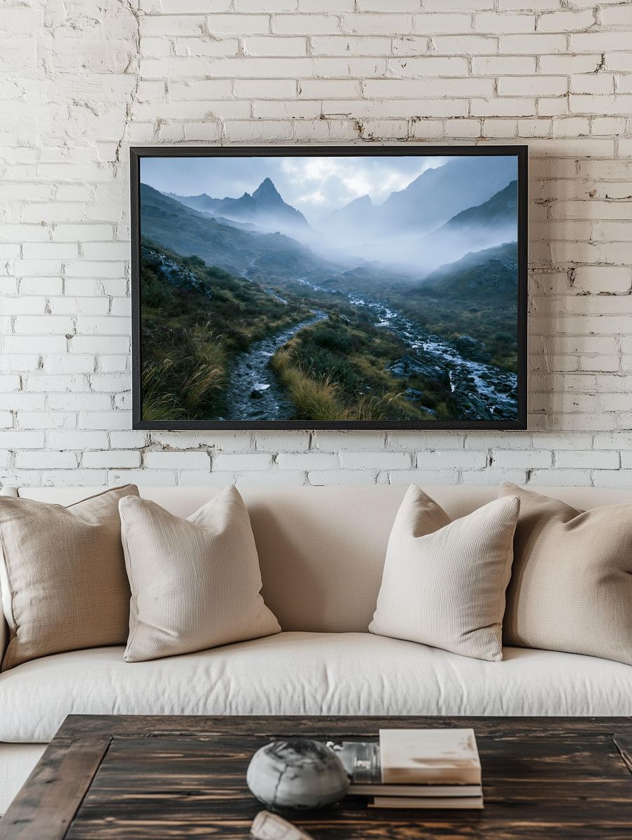 Misty Mountain Valley Landscape Poster. room preview