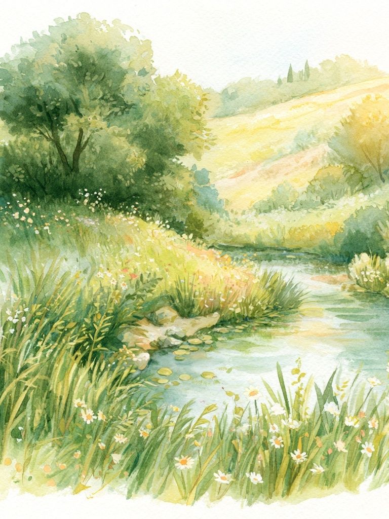 Sunlit Meadow Stream Watercolor Print. poster — nature art