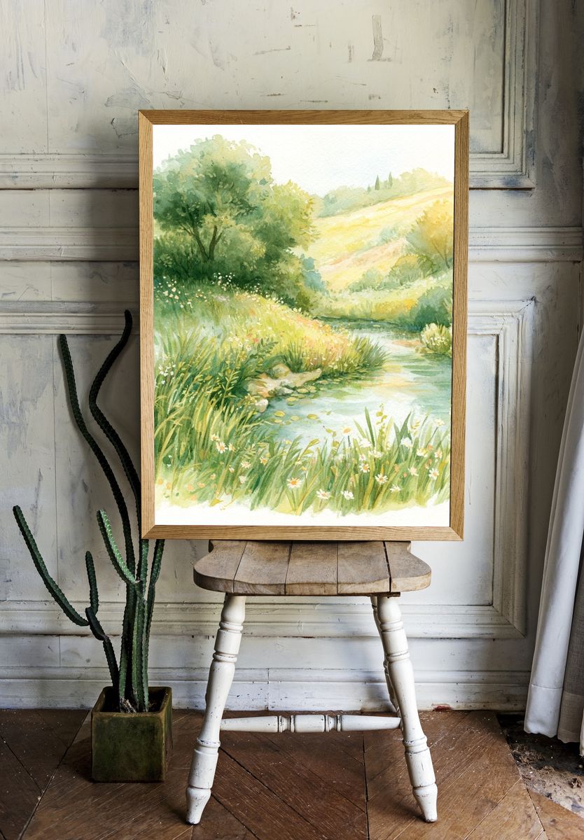 Sunlit Meadow Stream Watercolor Print. — room view 1