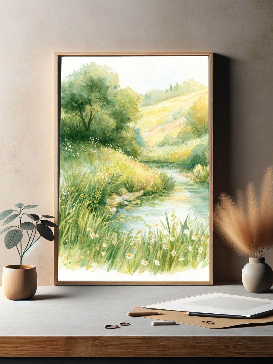 Sunlit Meadow Stream Watercolor Print. — room view 2