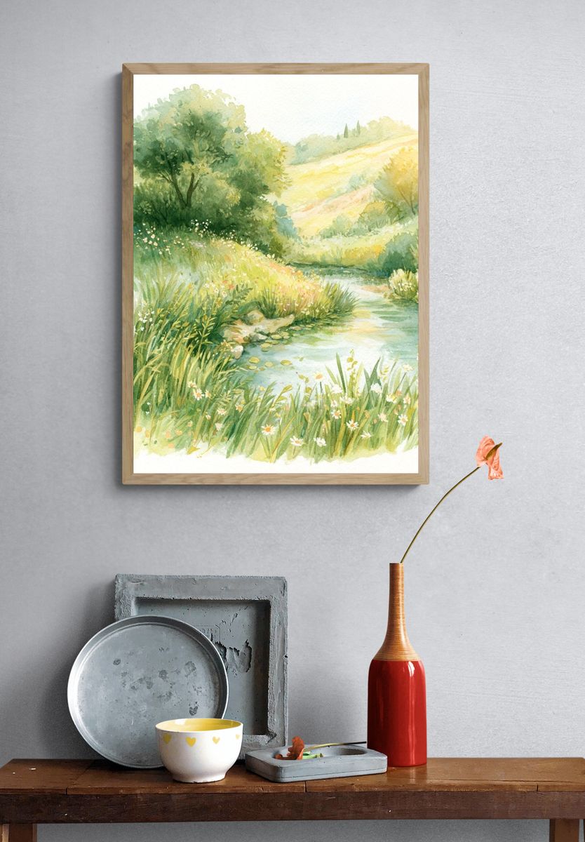 Sunlit Meadow Stream Watercolor Print. — room view 3