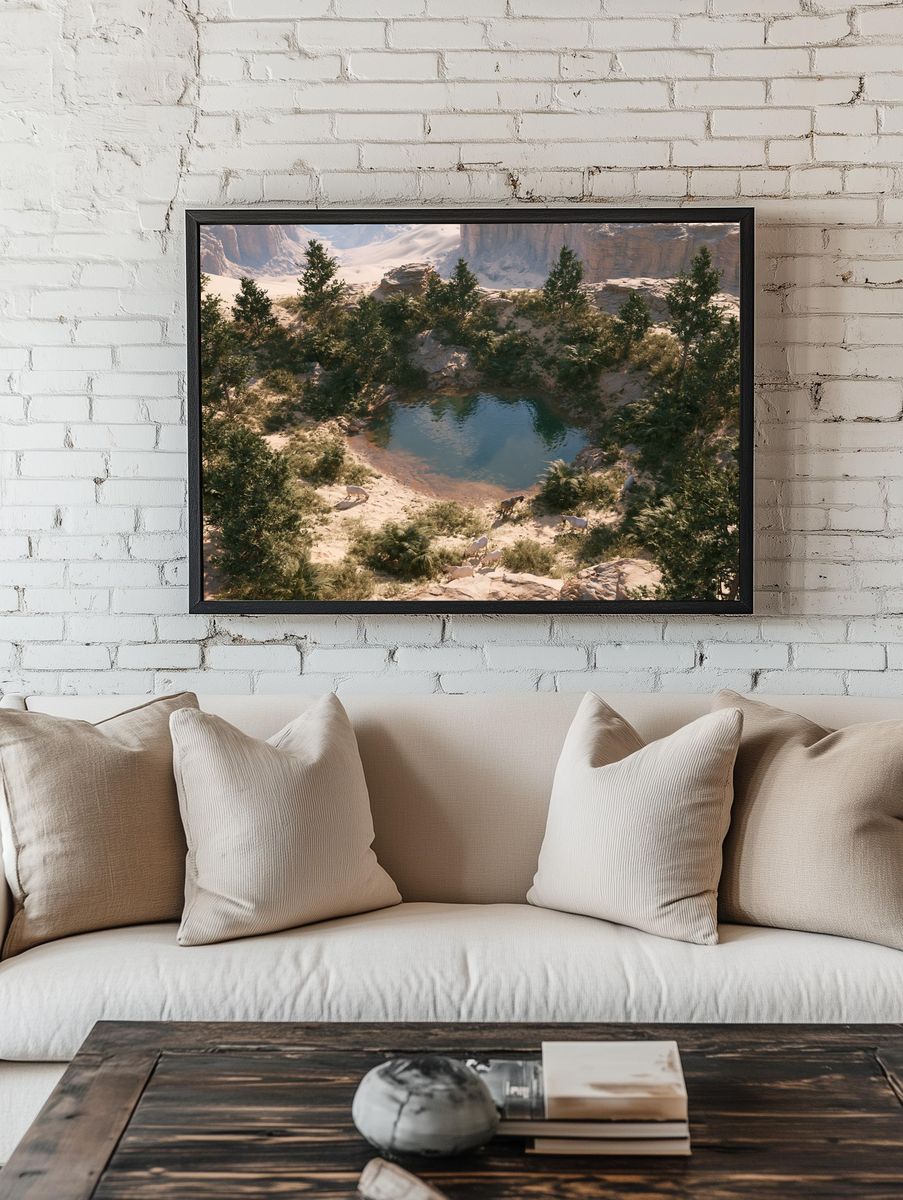 Desert Oasis with Goats Poster. room preview