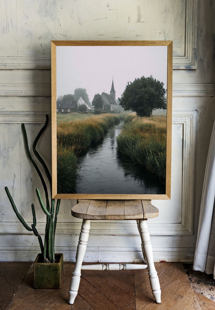 Misty Village Church Landscape Poster room preview