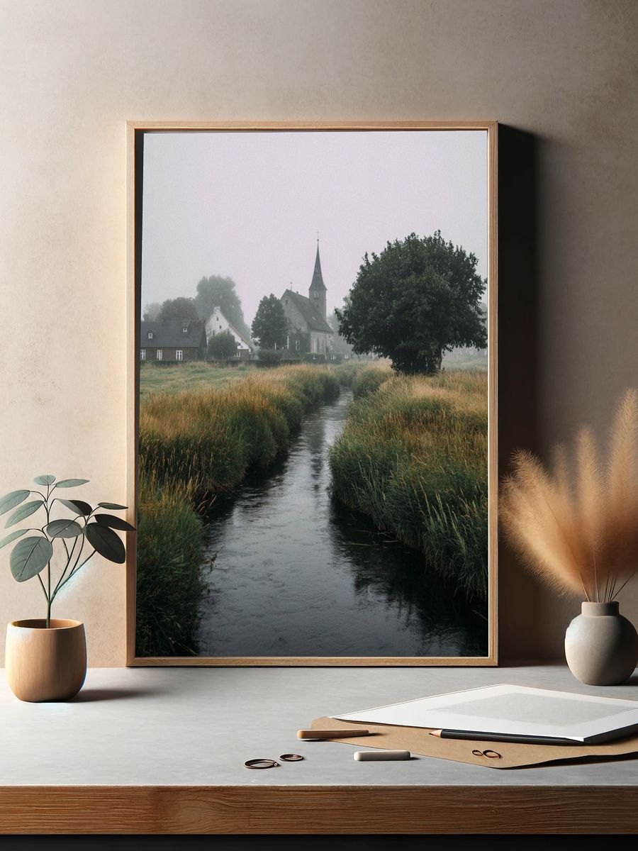 Misty Village Church Landscape Poster. — room view 2