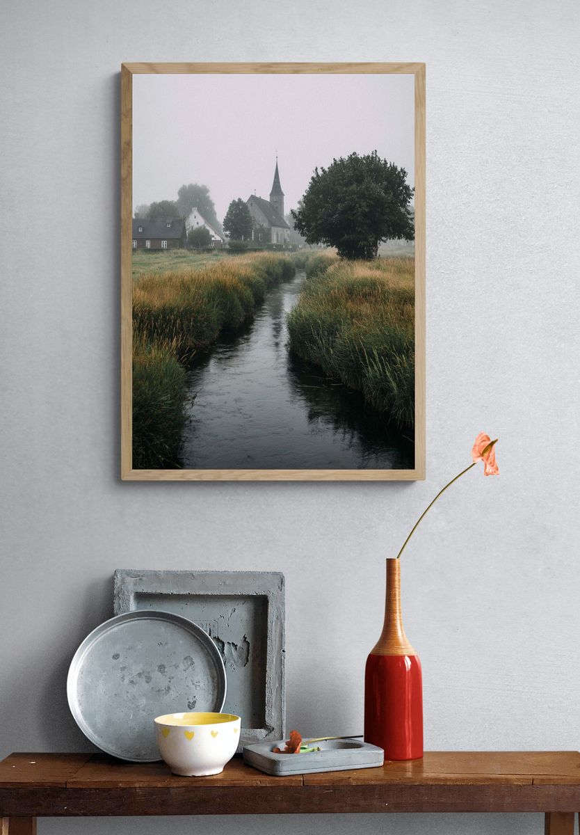 Misty Village Church Landscape Poster. — room view 3