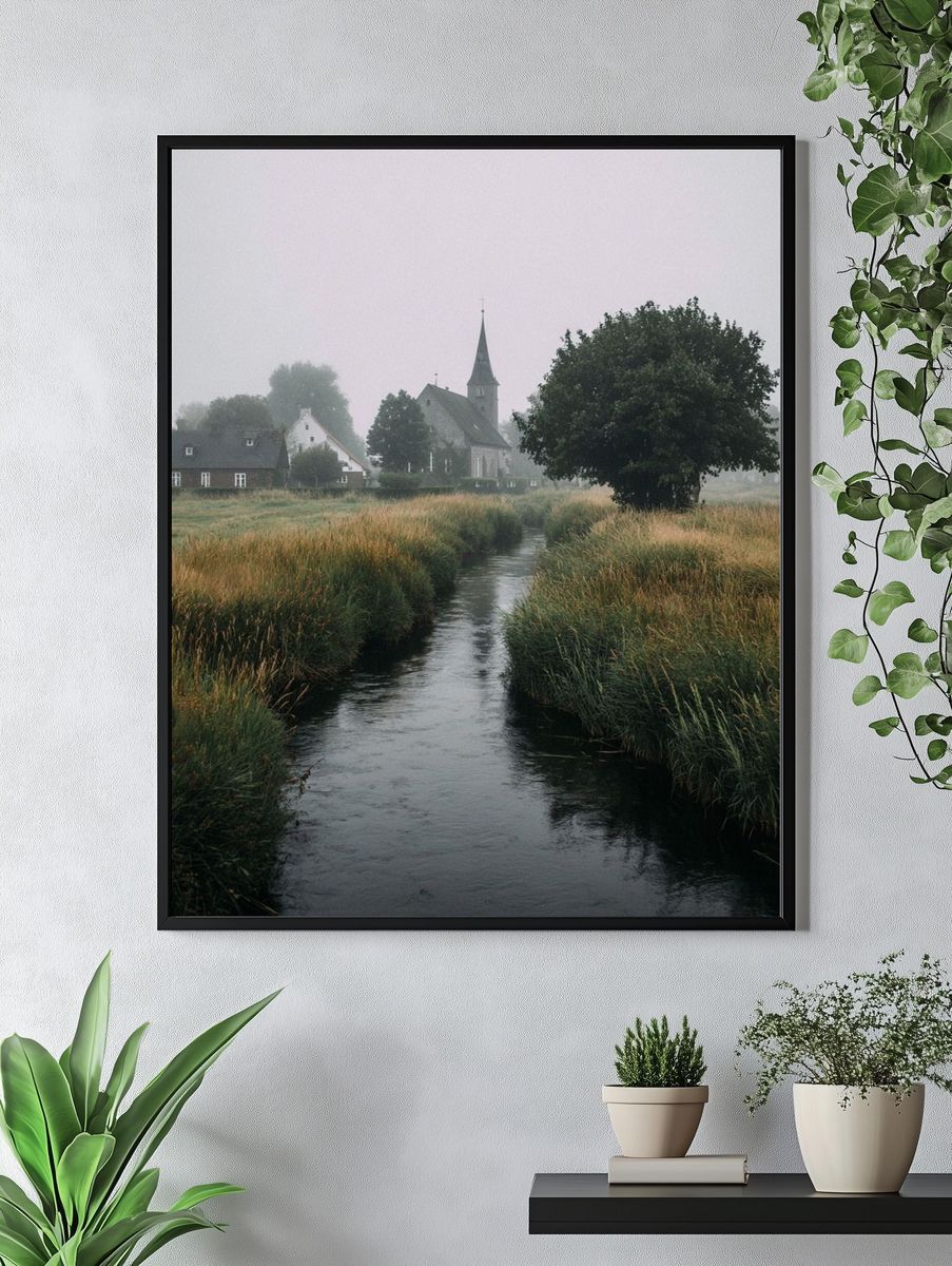 Misty Village Church Landscape Poster. — room view 4