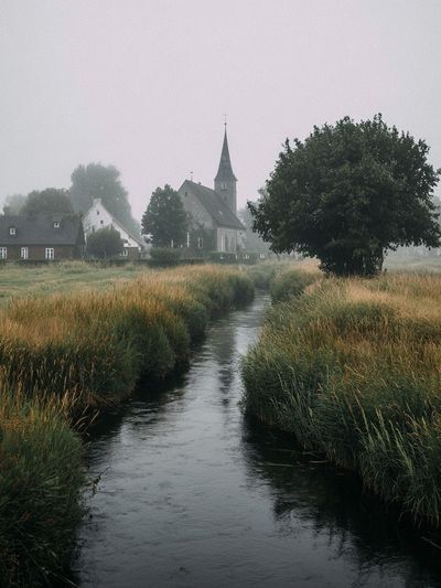 Misty Village Church Landscape Poster