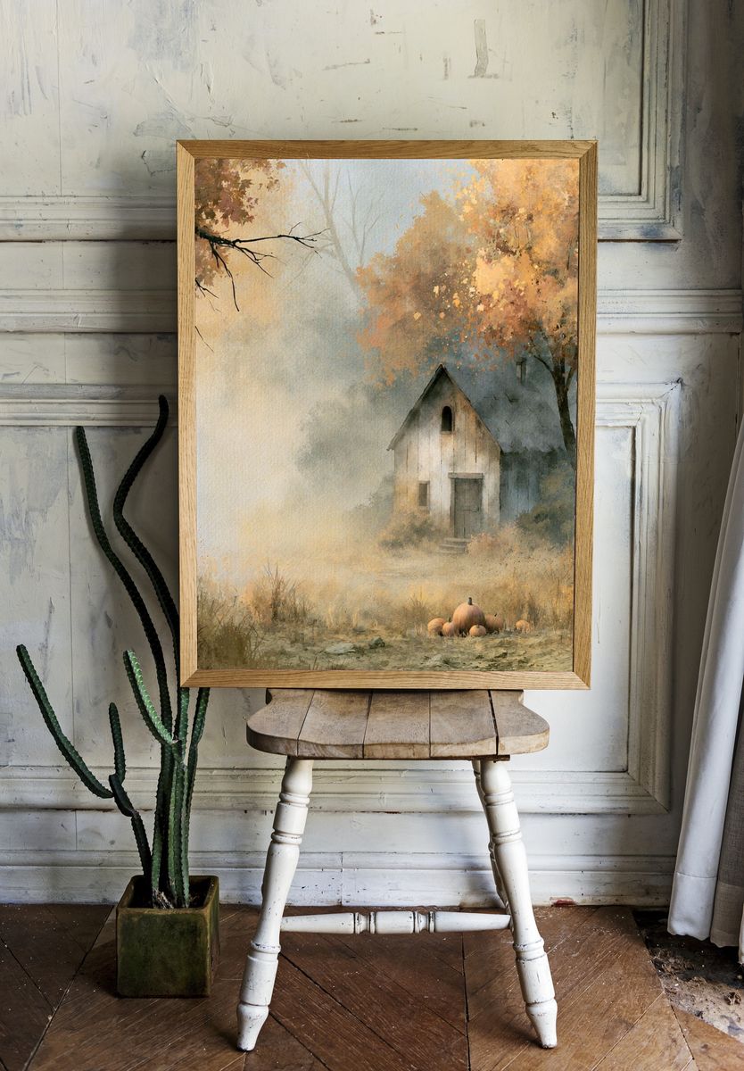 Autumn Cottage Landscape Print. — room view 1