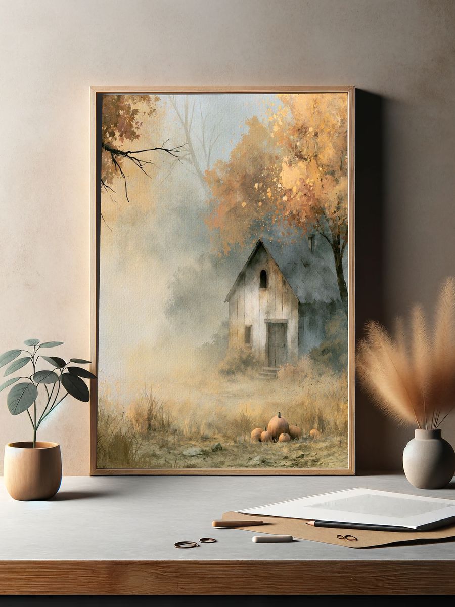 Autumn Cottage Landscape Print. — room view 2