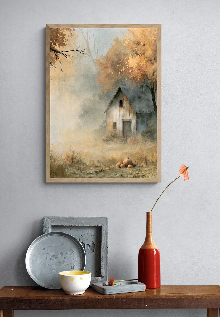 Autumn Cottage Landscape Print. — room view 3