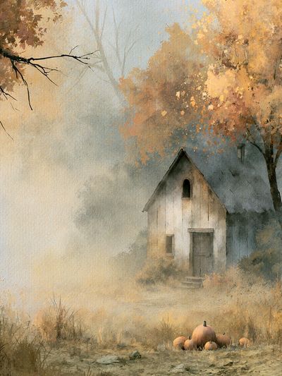 Autumn Cottage Landscape Print. poster