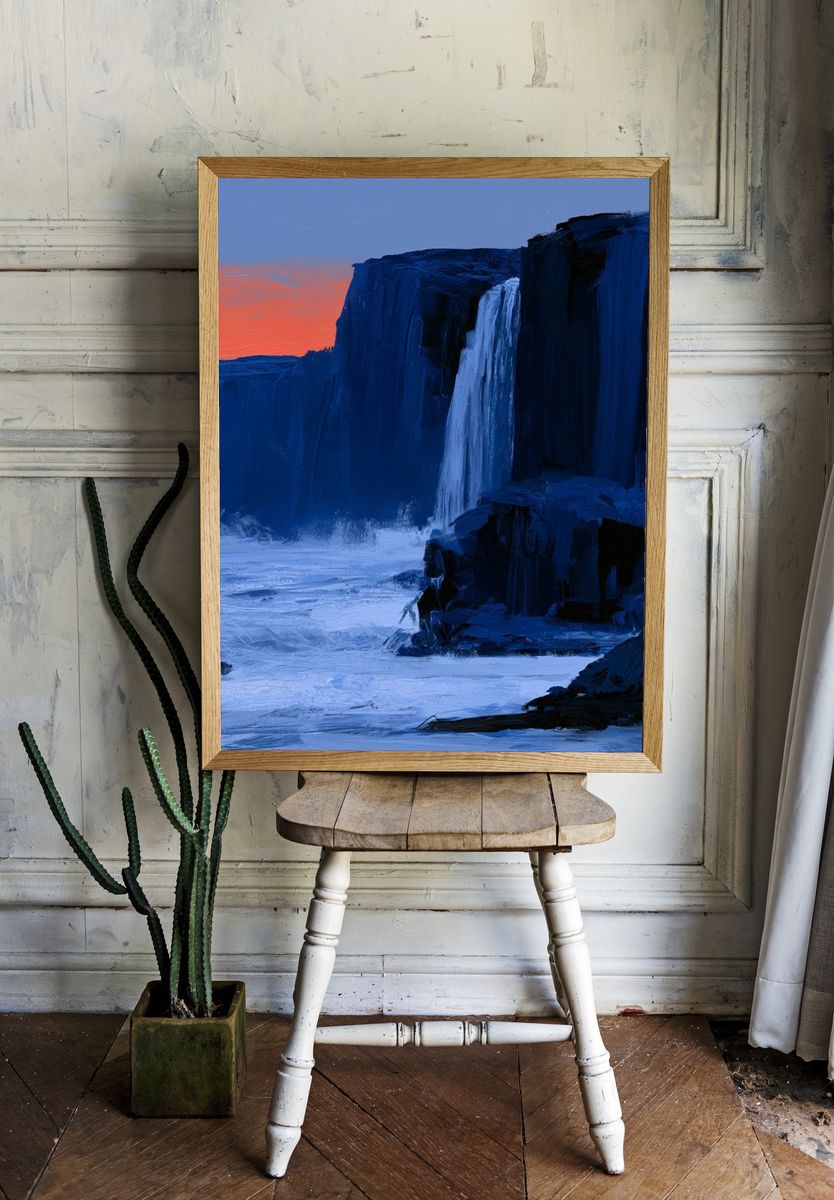 Arctic Cliff Waterfall Print. room preview