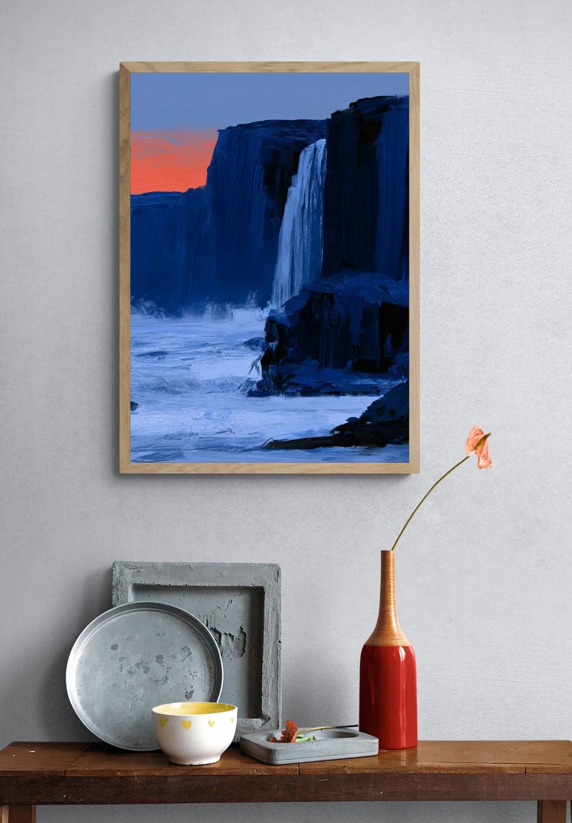 Arctic Cliff Waterfall Print. — room view 3