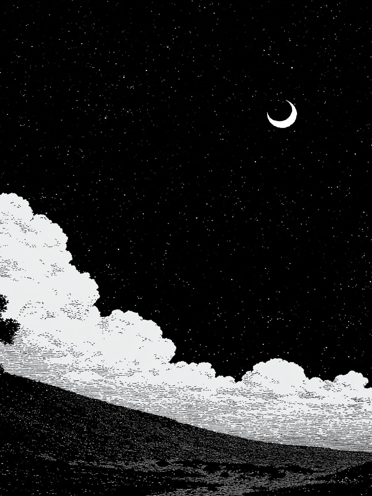 Moonlit Landscape Black-White Print. poster — nature art