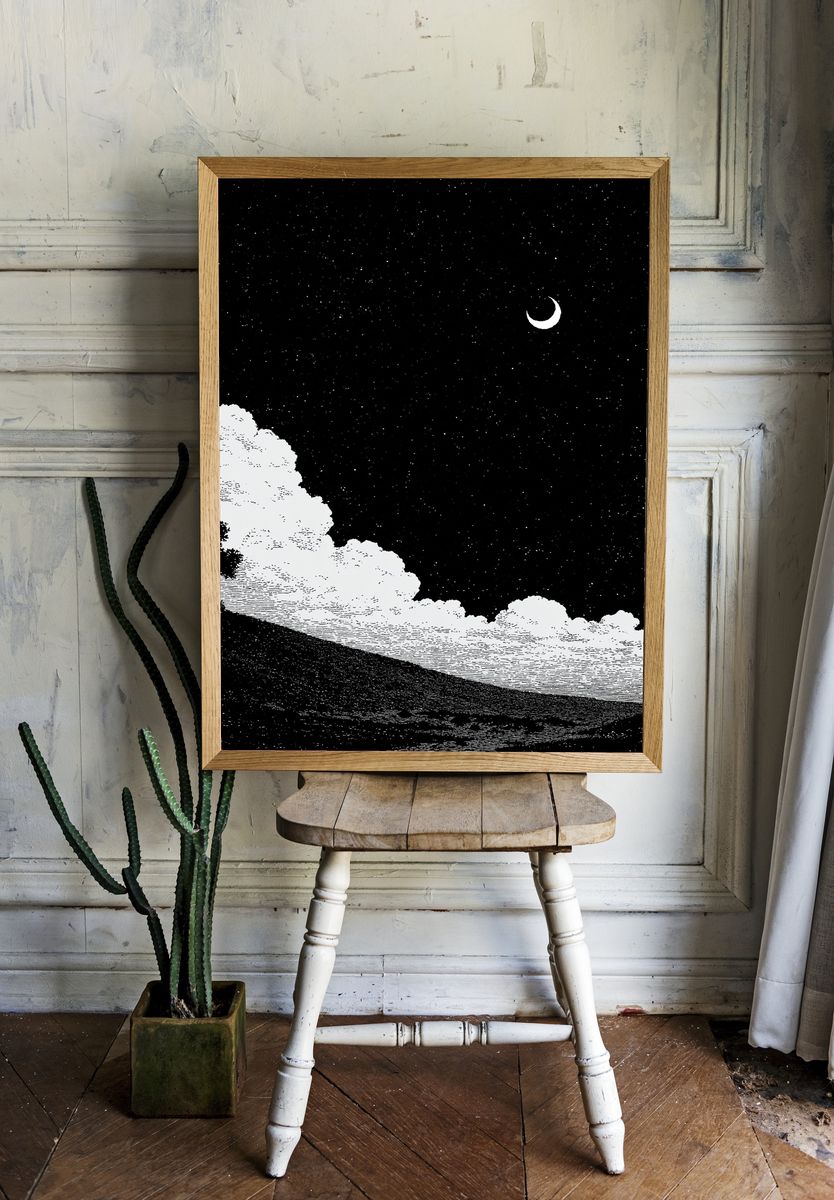 Moonlit Landscape Black-White Print. room preview