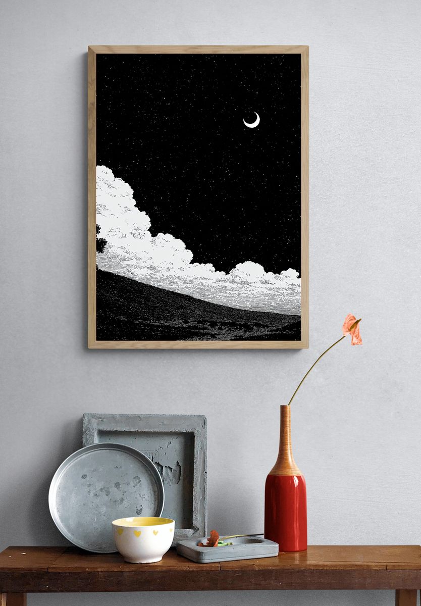 Moonlit Landscape Black-White Print. — room view 3