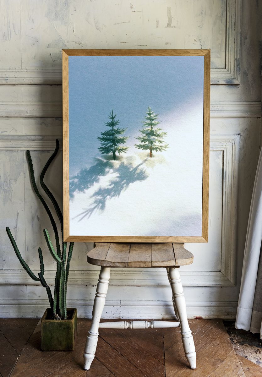 Snowy Pines Watercolor Print. room preview