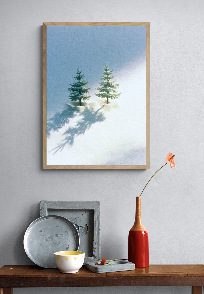 Snowy Pines Watercolor Print. — room view 3