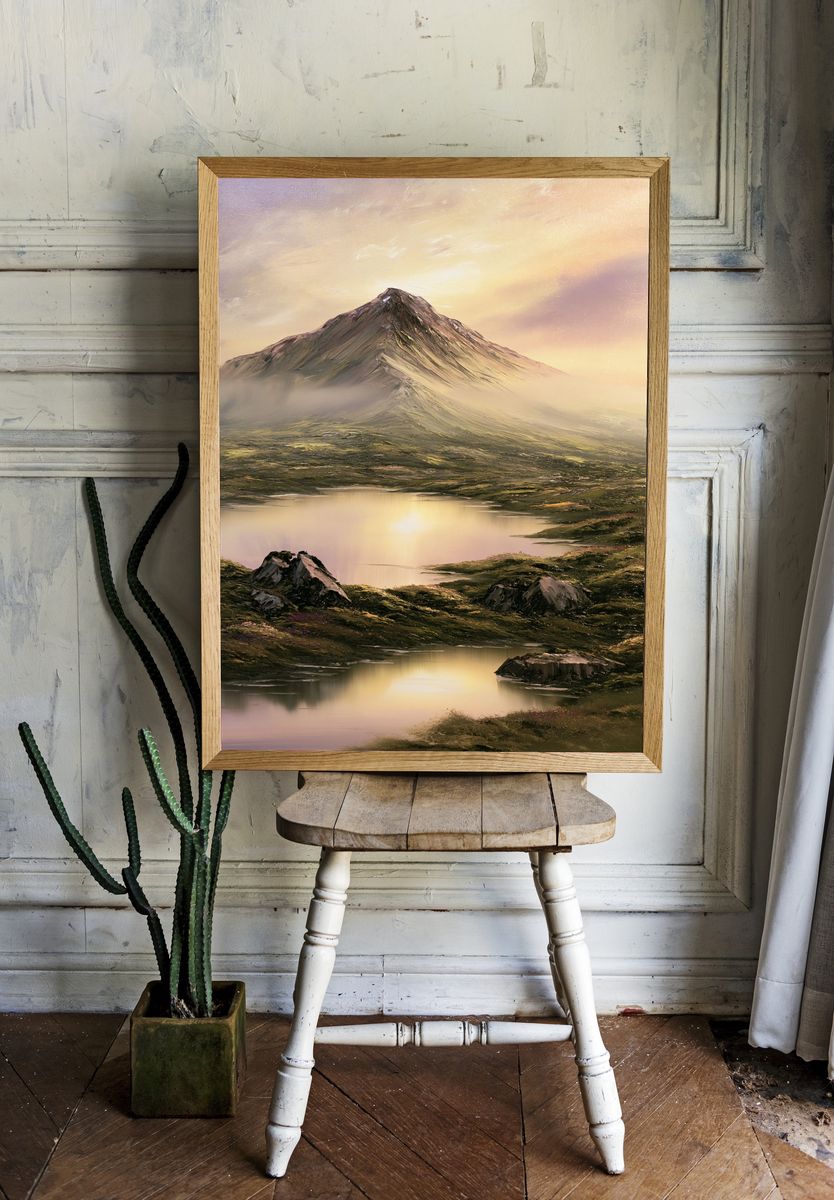 Misty Mountain Lake Landscape Print. room preview