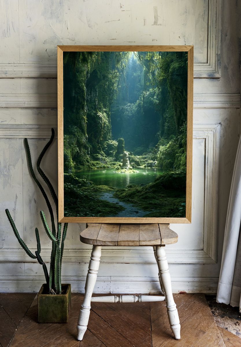 Emerald Cave Forest Print. room preview