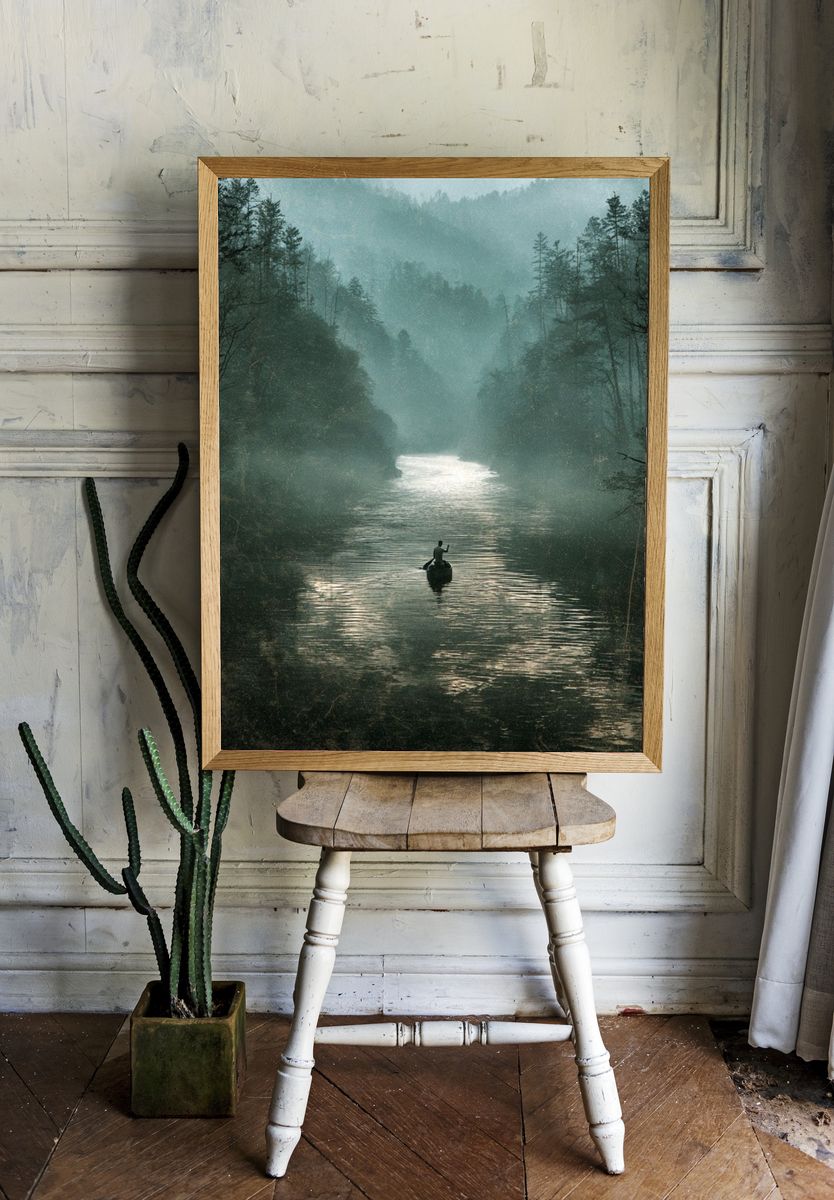 Misty River Canoe Landscape Print. room preview