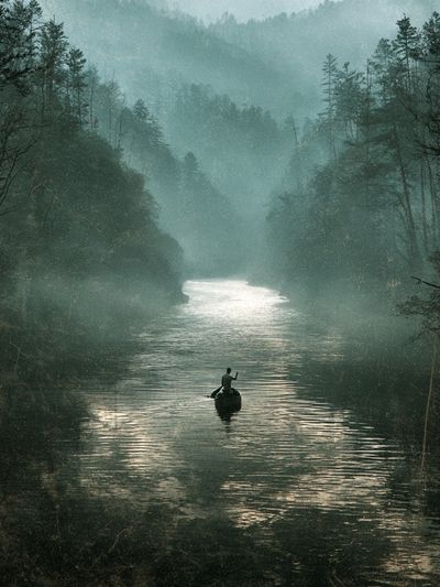 Misty River Canoe Landscape Print.