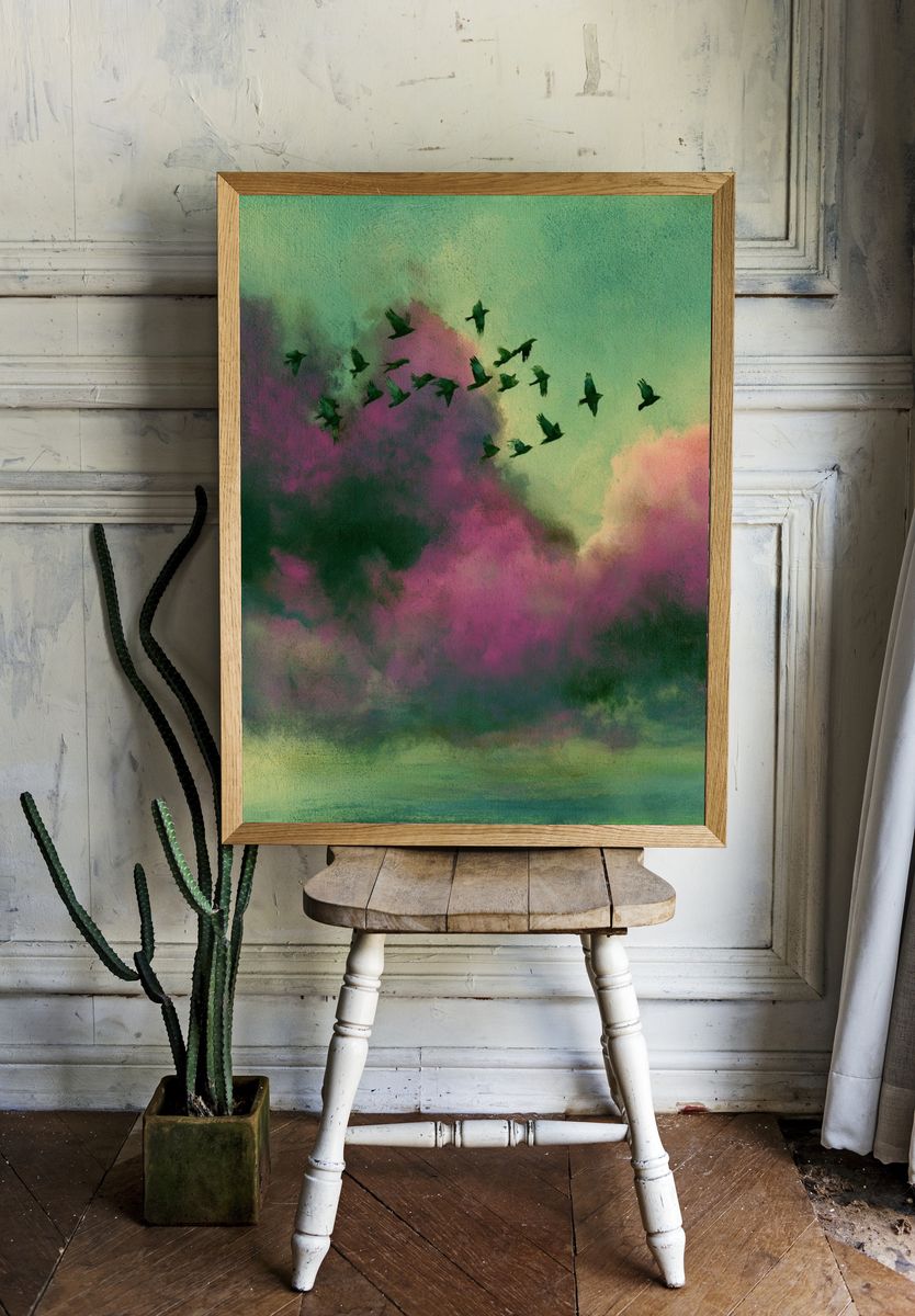 Birds Over Dreamy Clouds Print. room preview