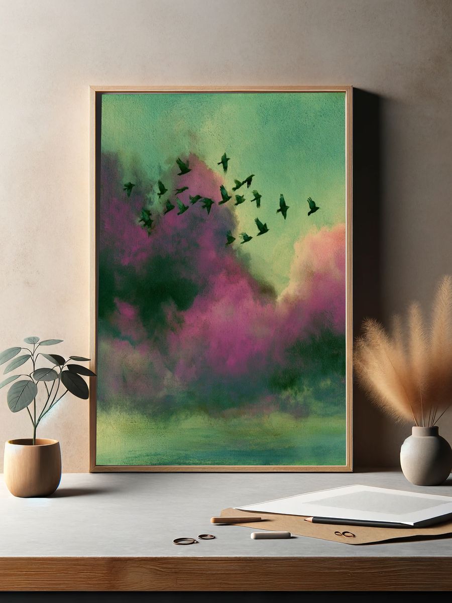 Birds Over Dreamy Clouds Print. — room view 2