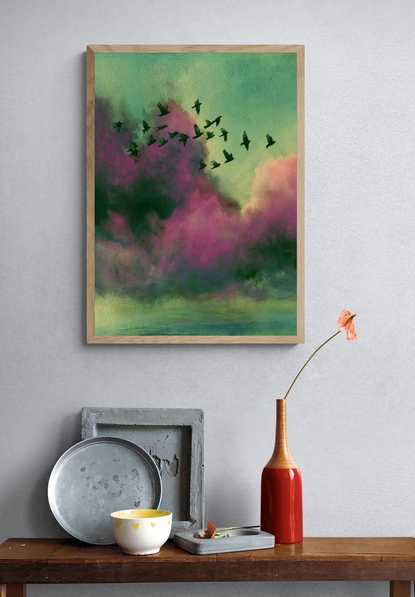 Birds Over Dreamy Clouds Print. — room view 3