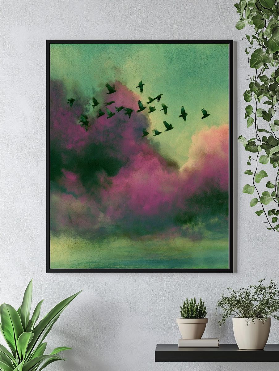 Birds Over Dreamy Clouds Print. — room view 4