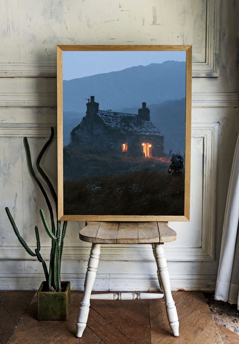 Stormy Cottage Landscape Print. room preview