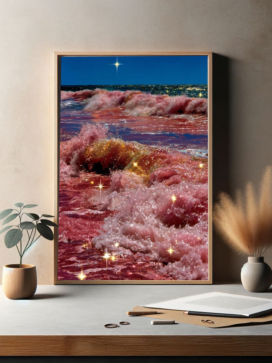 Sparkling Pink Ocean Waves Poster. — room view 2