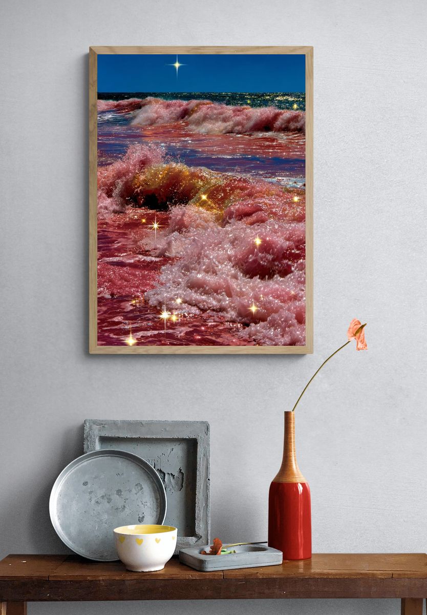 Sparkling Pink Ocean Waves Poster. — room view 3