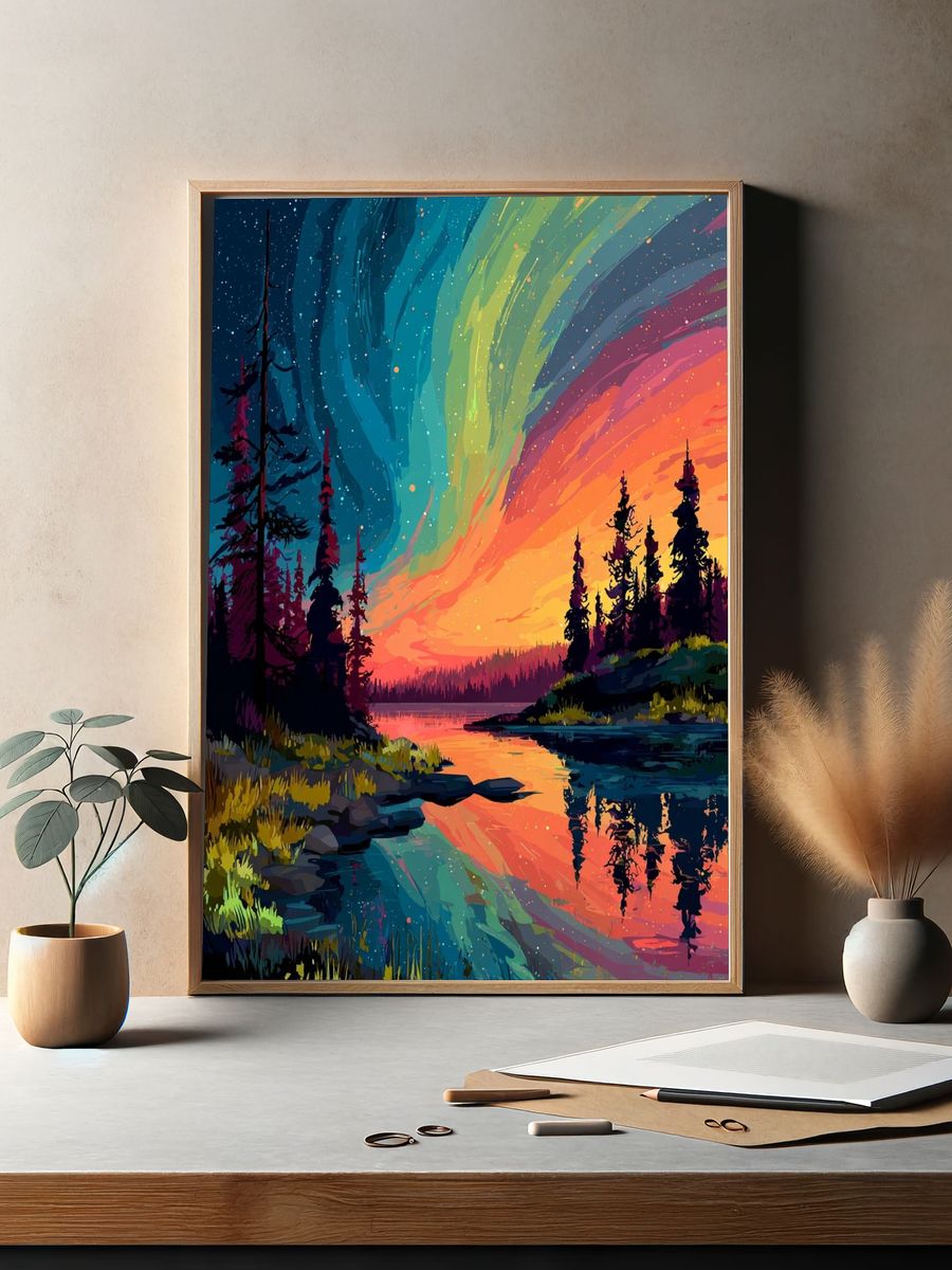 Aurora Forest Lake Print. — room view 2