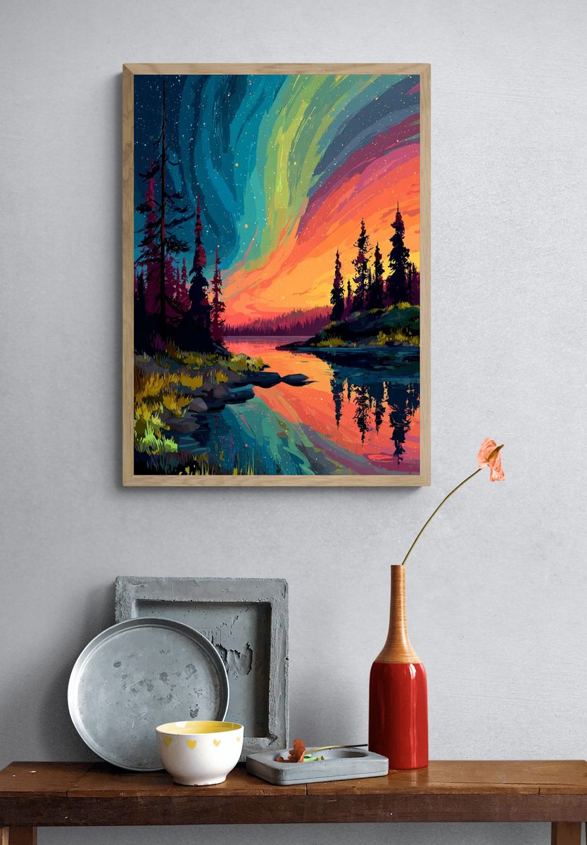 Aurora Forest Lake Print. — room view 3